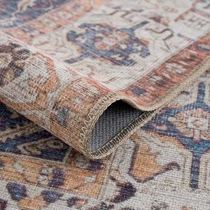 Bloom Rugs Washable 12 ft Runner - Orange / Blue / Beige Traditional Persian Runner for Entryway, Hallway, Bathroom, and Kitchen - Exact Size: 2'5" x 12"