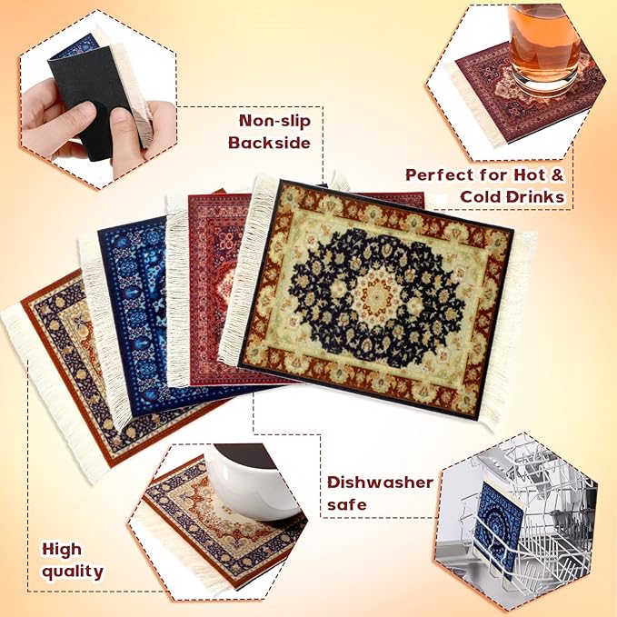 4 Pieces Rug Table Coasters Table Drink Holders Oriental Design Fabric Carpet Drink Mats Oriental Design Fabric Elegant Carpets Kitchen and Bar Mats for Home Office(Square,Classic Pattern)