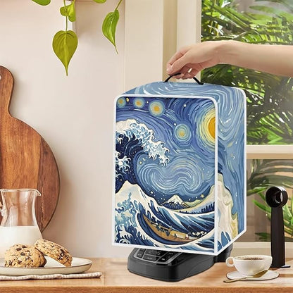 Starry Night Great Wave Print Coffee Maker Covers With Top Handle Folding Coffee Machine Dust Covers For Blender Mixer Juice Machine Keep Office Home Kitchen Clean