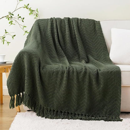 BATTILO HOME Olive Green Chenille Throw Blanket for Bed, Knit Throw Blanket,Super Soft Warm Home Decor Throw Blanket with Tassels for Couch,Sofa and Living Room,50" x 60"