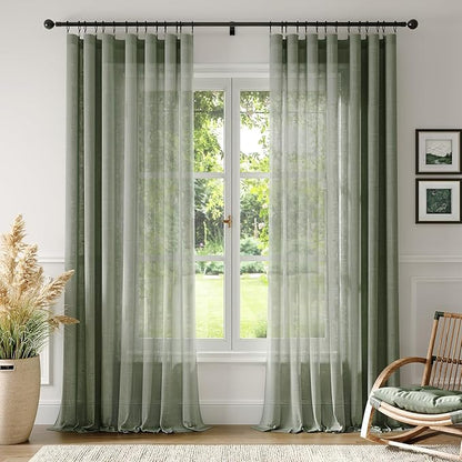 Anmao Natural Linen Curtains for Living Room 102 Inch Length 2 Panels Set, Light Filtering Semi Sheer Window Curtain Drapes for Bedroom with Curtain Rings and Clips, 52 Inch Wide Each Panel, Olive