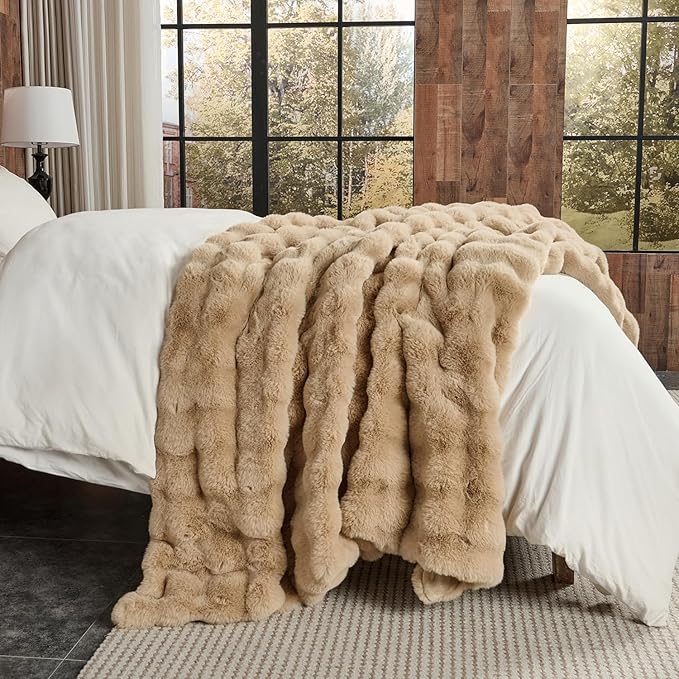 Lotus Karen Faux Fur Throw Blanket Khaki - Big Bubble Rabbit Fluff Blanket for Couch, Small Fluffy Fuzzy Cozy Blanket, Thick Furry Plush Shaggy Blankets, 50x60 Inches