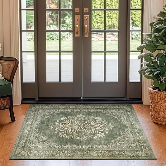 jinchan Green Floral 3x5 Area Rugs for Entryway - Machine Washable Vintage Distressed Design Low-Pile Soft Non-Shedding Christmas Carpet for Kitchen Bedroom Laundry Living Room (3x5ft, Dark Green)