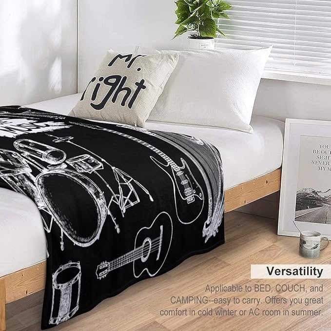 Music Blanket Drums Piano Guitar Black White Abstract Art Printed Soft Cozy Lightweight Throw Blanket for Kids Girls Boys Women Bedroom Living Room Dorm Chair Sofa Travel 60x80in