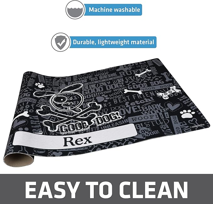 Drymate Personalized Pet Bowl Placemat, Custom Dog & Cat Food Feeding Mat - Absorbent Fabric, Waterproof Backing - Machine Washable/Durable (USA Made) (16" x 28") (Cross Bones - Black)