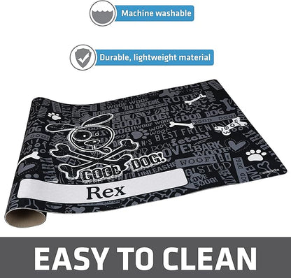 Drymate Personalized Pet Bowl Placemat, Custom Dog & Cat Food Feeding Mat - Absorbent Fabric, Waterproof Backing - Machine Washable/Durable (USA Made) (16" x 28") (Cross Bones - Black)