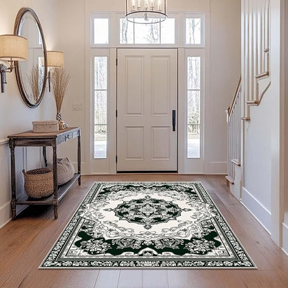4x6 Traditional Oriental Area Rug Black White Dark Green Rug Non Slip Low Pile Large Carpet for Home Kitchen Living Room Bedroom Dining Room Office