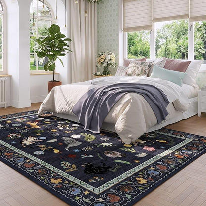 Rugcomf Living Room Rug 5x7 Rug Machine Washable Boho Area Rug Non Slip Floral Animal Cat Vintage Low Pile Large Rugs for Living Room Bedroom Farmhouse Dining Room Kids Playroom, Cobalt Blue