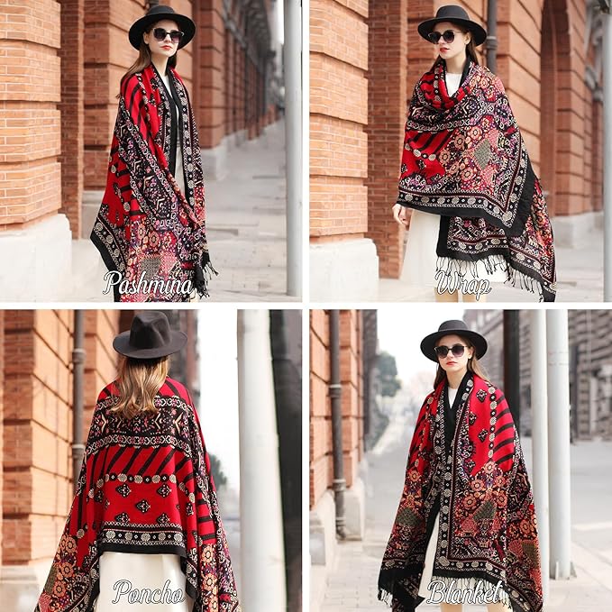DANA XU 100% Merino Wool Pashmina Shawl for Women 96"x43", Oversized Cashmere Wrap with Tassels, Floral Travel Blanket Cape