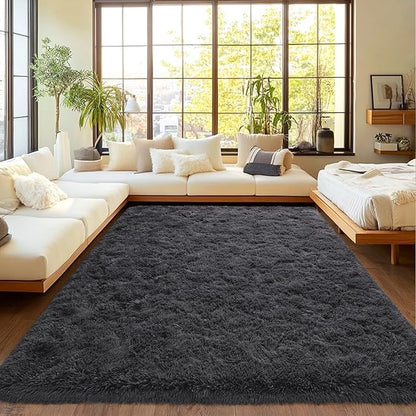 Extra Large Plush Rug High Pile Fluffy Rug for Living Room, Big Plush Non-Skid Shag Carpet, Soft Shaggy Rugs for Bedroom Indoor Modern Home Decor Charcoal 9x12ft