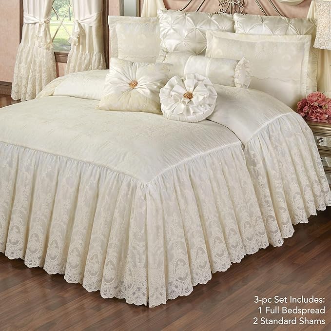 Cameo Lace Luxury Washable Polyester Bedding Set | Vintage Elegant | Pearl | Scroll Leaf Floral Cameo Quilting Embroidered | Set of Three: Full Bedspread and Two Standard Shams