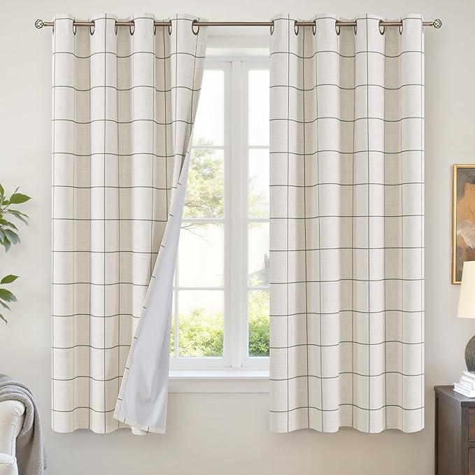 Linen Blackout Curtains for Bedroom - Boho Plaid Curtains Thermal Insulated, Pattern Printed Rustic Drapes Cottage Core Window Treatments for Farmhouse, 52x63 Inch 2 Panels, Dark Green