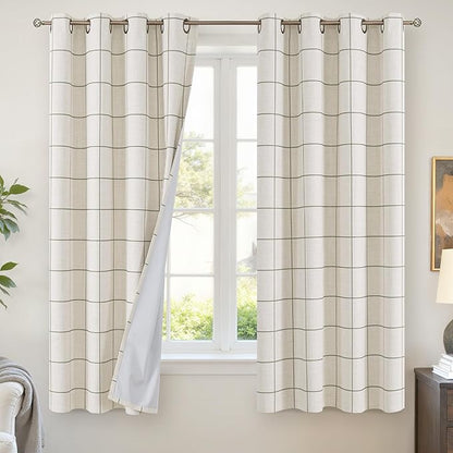 Linen Blackout Curtains for Bedroom - Boho Plaid Curtains Thermal Insulated, Pattern Printed Rustic Drapes Cottage Core Window Treatments for Farmhouse, 52x63 Inch 2 Panels, Dark Green