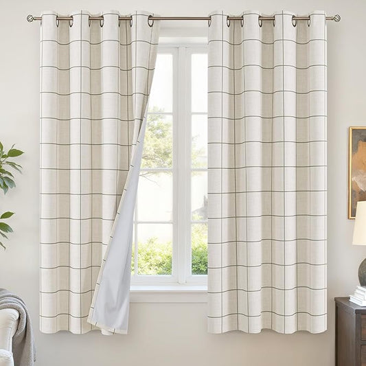 Linen Blackout Curtains for Bedroom - Boho Plaid Curtains Thermal Insulated, Pattern Printed Rustic Drapes Cottage Core Window Treatments for Farmhouse, 52x63 Inch 2 Panels, Dark Green