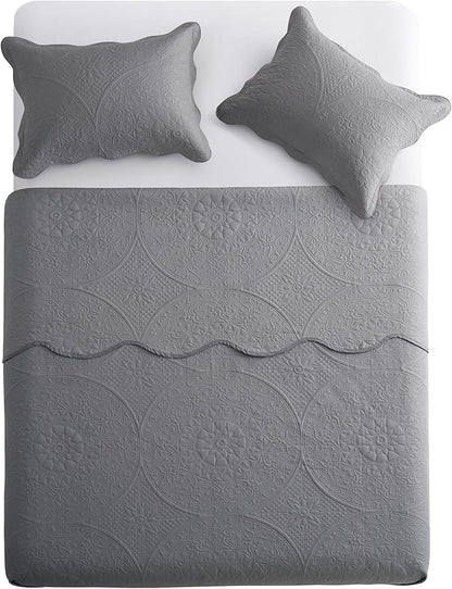 IR Imperial Rooms Twin Quilt Bedding Set Size (68” x 86”) + 1 Pillow Shams (20” x 26” + 2”) - 2 Pcs All Season Lightweight Reversible Microfiber Coverlet Floral Embossed Quilt Bedspread (Grey)