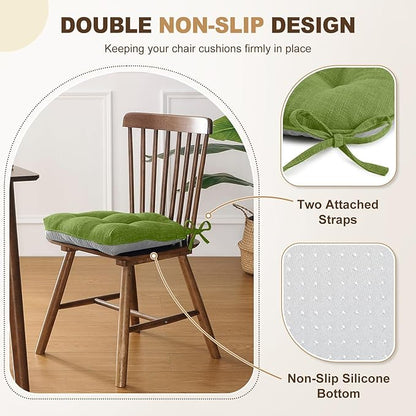 downluxe Indoor Chair Cushions for Dining Chairs, Tufted Overstuffed Textured Foam Kitchen Chair Pads with Ties and Non-Slip Backing, 15.5" x 15.5" x 4", Grass Green, 4 Pack