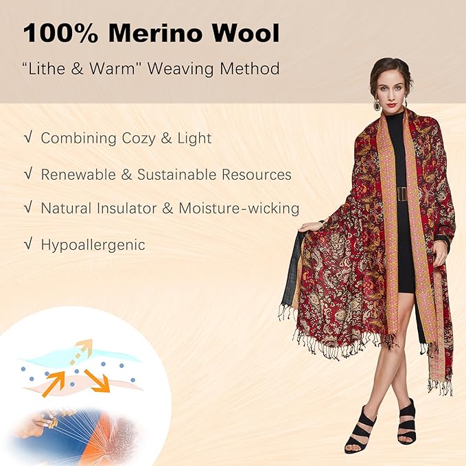 DANA XU 100% Merino Wool Pashmina Shawl for Women 96"x43", Oversized Cashmere Wrap with Tassels, Floral Travel Blanket Cape
