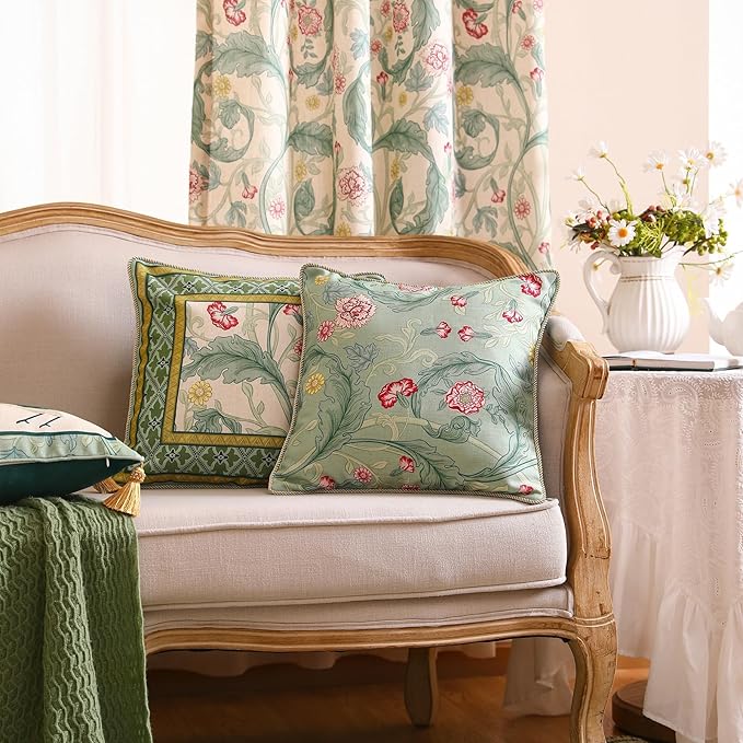 patdrea Designer Square Throw Pillow Covers,Farmhouse Linen with Green Floral Pattern Pillows Cover,Decorative Pillowcases Cushion for Bed Living Room Outdoor Car,18"x18"