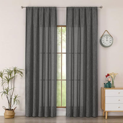 Simplebrand Grey Semi Sheer Faux Linen Textured Curtains 84 Inches Long 2 Panels, Light Filtering Farmhouse Bedroom Curtains, Farmhouse Rod Pocket Soft Thick Window Drapes for Living Room, 50Wx84L