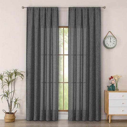 Simplebrand Grey Semi Sheer Faux Linen Textured Curtains 84 Inches Long 2 Panels, Light Filtering Farmhouse Bedroom Curtains, Farmhouse Rod Pocket Soft Thick Window Drapes for Living Room, 50Wx84L
