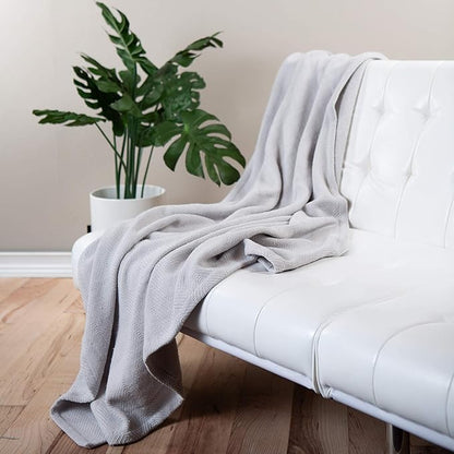 Sticky Toffee Cotton Throw Blanket 60x50 in – Light Gray Woven Lightweight Blanket for Couch or Bed, Soft Herringbone Weave, Boho Farmhouse Style