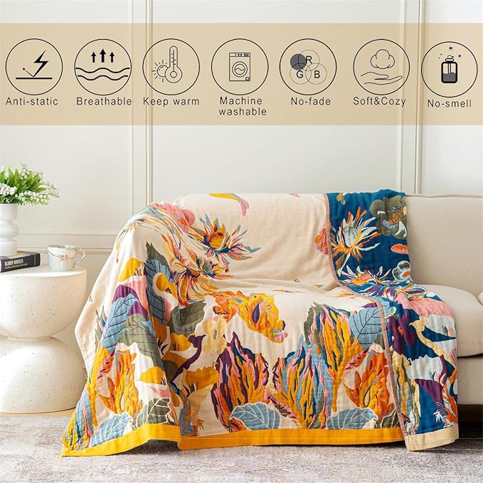 MSGKV Boho Throw Blanket for Couch 100% Cotton Throw Floral Bed Blanket 80''x90'',Cotton Quilts Travel Knitted Muslin Blanket Home Decor Cozy Blankets for Women
