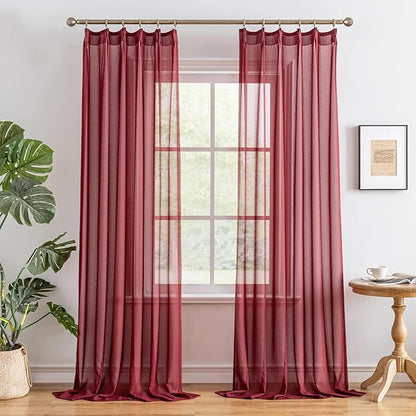 MAIHER Burgundy Red Pinch Pleat Sheer Curtains 84 Inches Long for Bedroom Soft Touch Light Filtering Lightweight Pleated Drapes with Hooks, Burgundy, 42" W x 84" L, 2 Panels