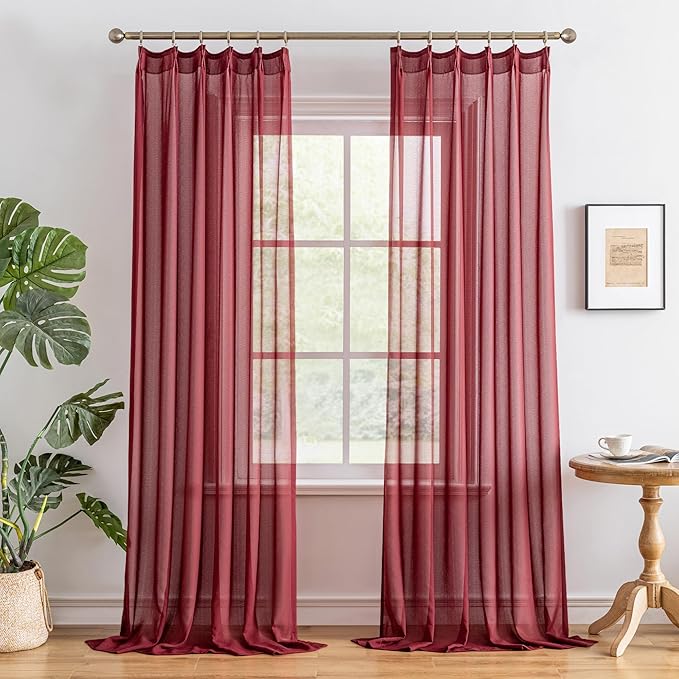 MAIHER 144 Inch Length Pinch Pleat Sheer Curtains 12 FT Tall Extra Long Curtains for Ceiling Living Room Soft Touch Light Filtering Pleated Drapes with Hooks, Burgundy, 42" W x 144" L, 2 Panels