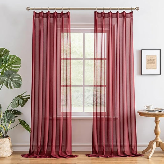 MAIHER Red Pinch Pleat Curtains 108 Inches Long Sheer 9ft Curtains Soft Touch Tree Branch Textured Pleated Drapes with Adjustable Hooks for Bedroom Living Room, Burgundy, 42" W x 108" L, 2 Panels