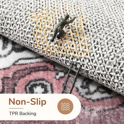 OPPODREAM Thin Area Rugs 4x6, Low-Pile Washable Rugs 4x6 with Non Slip Backing, Faux Cashmere 4 x 6 Throw Carpet, Pink & Cream