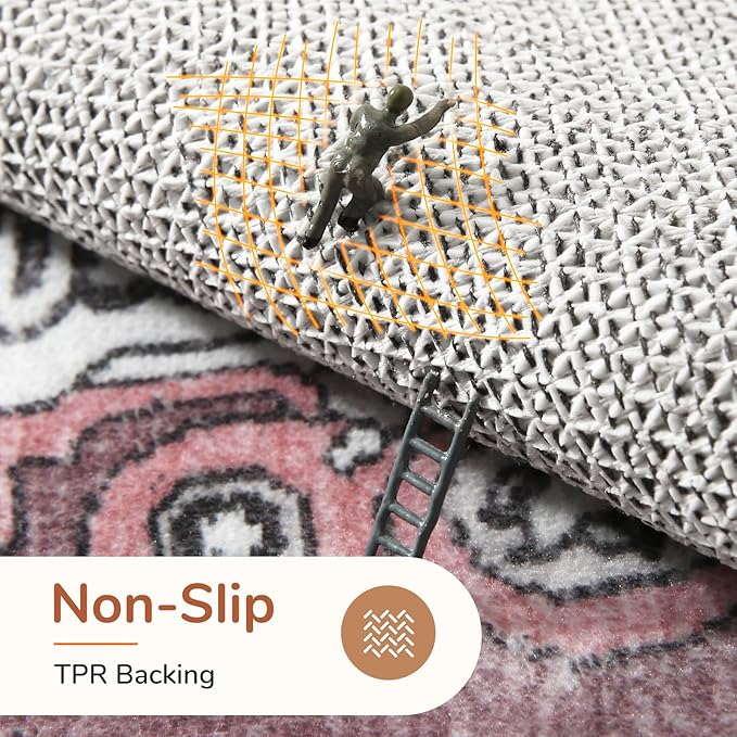 OPPODREAM Thin 10x14 Area Rugs, Washable Rugs 10x14 with Non Slip Backing, Low-Pile Faux Cashmere 10 x 14 Carpet, Pink & Cream