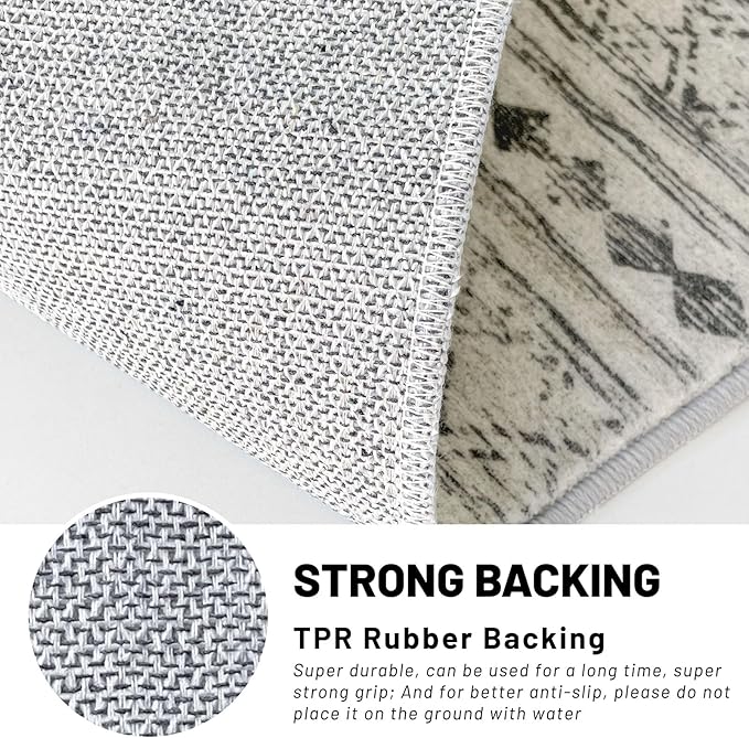 KUTA Boho Hallways Runner Rugs 2x12, Moroccan Washable Kitchen Rug Non-Slip Vintage Grey 12ft Ultra Soft Distressed Geometric Floor Carpet Runners for Bedroom Laundry Living Room