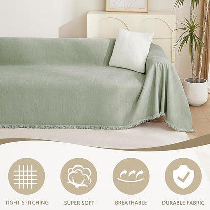 MYSKY HOME Chenille Sofa Slipcovers Sage Green Sofa Covers with Tassel Edge L Shaped Sectional Couch Covers for 3 Cushion Couch, Washable Thick Durable Furniture Protector for Dogs Kids 91"x 134"