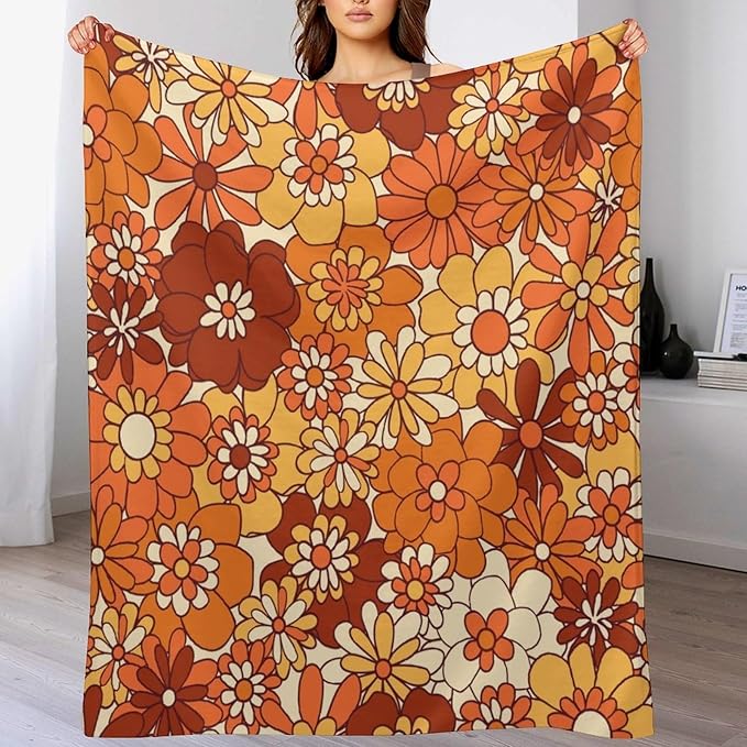 Vintage 70s Throw Blanket, Boho Hippie Bright Orange Flowers Groovy Abstract Funny Art Print Blanket for Couch Sofa Bed 30"x40"