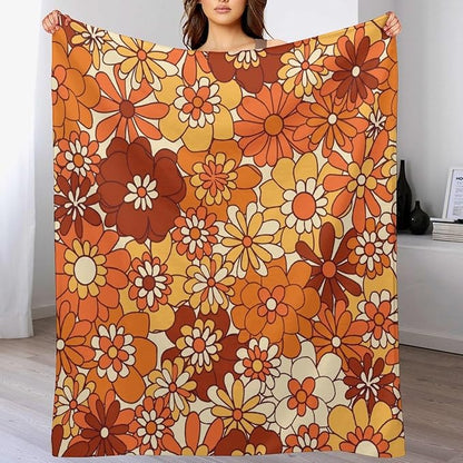 Vintage 70s Throw Blanket, Boho Hippie Bright Orange Flowers Groovy Abstract Funny Art Print Blanket for Couch Sofa Bed 30"x40"