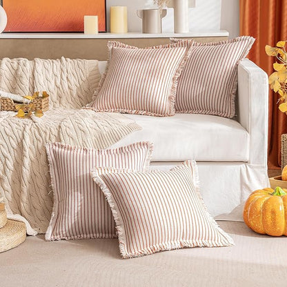 MIULEE Pack of 2 Rust Pillow Covers 24x24 Inch Striped Farmhouse Couch Throw Pillow Covers with Fringe Chic Linen Decorative Cushion Eruo Sham for Sofa Living Room Bed Outdoor Home Decor