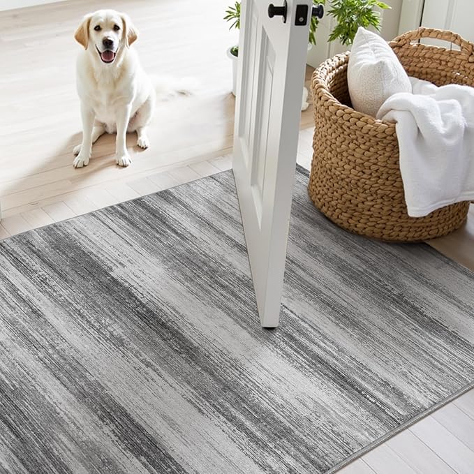 PADOOR Modern Abstract Runner Rug - 2x8 Washable Hallway Rugs, Ultra Soft Non-Slip Low Pile Floor Rugs for Hallway Entryway Kitchen Bedroom Bedside Laundry Room Black