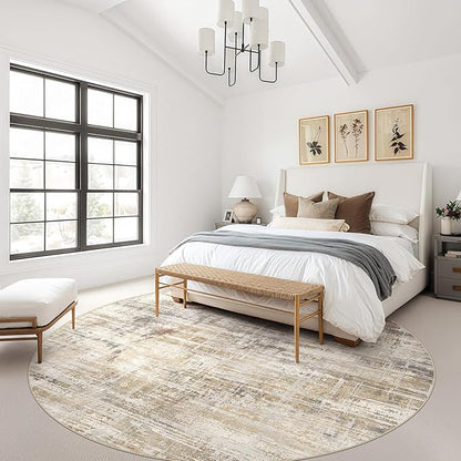 8ft Round Area Rug for Living Room: 8x8 Washable Neutral Abstract Modern Soft Rugs Non Slip Indoor Floor Stain Resistant Carpet for Bedroom Dining Room Office Nursery - Golden Brown