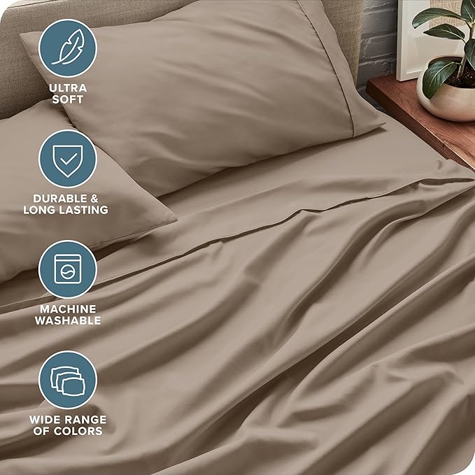Bare Home Split Head Flex King Sheet Set - 1800 Ultra-Soft Microfiber Bed Sheets - Double Brushed - Deep Pockets - Easy Fit - 4 Piece Set - FlexTop King Bedding Sheets (Split Head Flex King, Pebble)