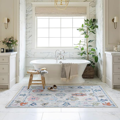 Fame Living Cream Oushak Rug, Modern, Vintage, Turkish, Eclectic, Floral, Pastel, Washable, Area Rugs for Living Room, Dining, Bedroom, Office, Entryway, Foyer, Playroom, Nursery, 5'x6'9"