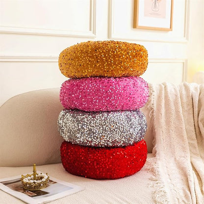 Round Throw Pillow, 13.7" Soft Glitter Sequin Pleated Pumpkin Decorative Round Pillow Circle Floor Pillow Cushions for Sofa Bed Chair Living Room Floor Home Decoration, Silver