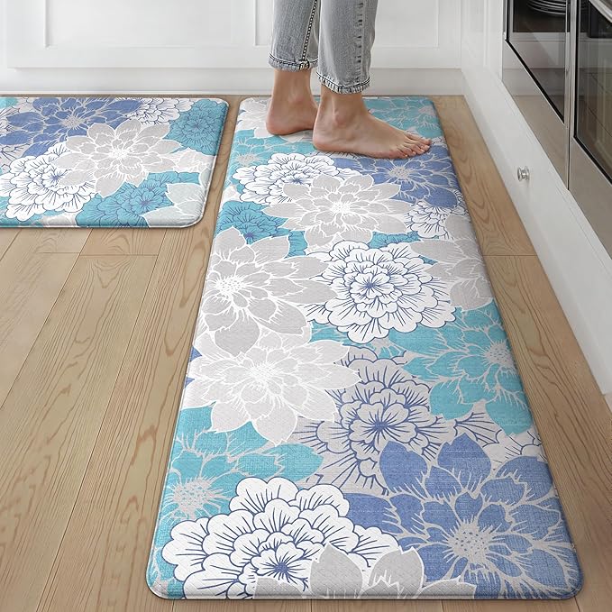 GENIMO Kitchen Mats for Floor, Kitchen Rugs Non Slip Washable Sets of 2, Waterproof Cushioned Anti Fatigue Mat, Floral Runner Rug for Laundry, Sink, Office, Home, 17.3"x59"+17.3"x30", Sky Blue