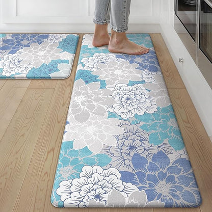 GENIMO Kitchen Mats for Floor, Kitchen Rugs Non Slip Washable Sets of 2, Waterproof Cushioned Anti Fatigue Mat, Floral Runner Rug for Laundry, Sink, Office, Home, 17.3"x59"+17.3"x30", Sky Blue