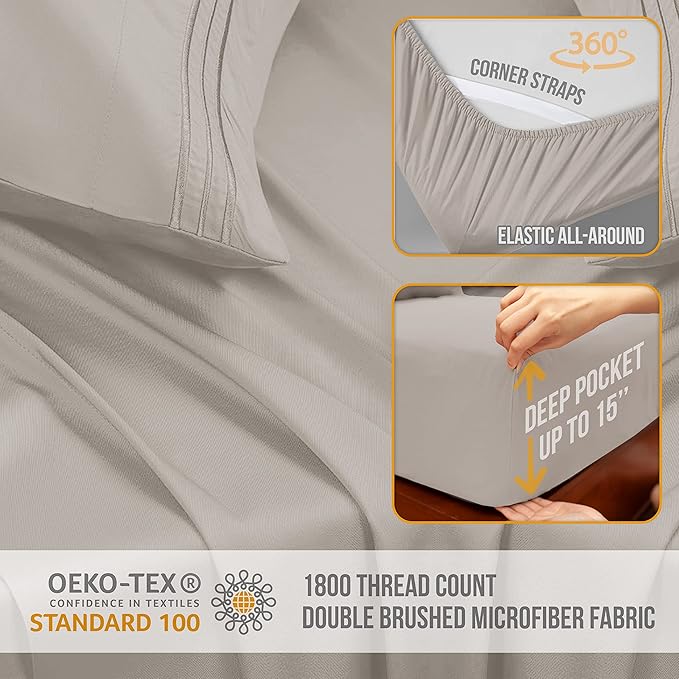 Queen Sheet Set - Luxury Hotel Bed Sheets - Soft Cooling Sheets with Elastic Corner Straps - Deep Pockets Microfiber Bedsheet - Bedding Sheet & Pillowcases - 4 Piece (Queen Size, Beige)