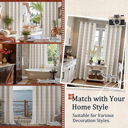 Brown Linen Blackout Curtains for Living Room - Plaid Patterned Curtains 72 Inch Long, Boho Black Out Thermal Insulated Drapes for Bedroom Grommet Style 52x72 Inch 2 Panels