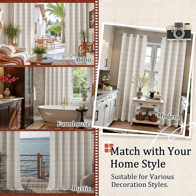 Brown Plaid Curtains Pattern Printed 90 Inches Long - Total Linen Blackout Curtains for Living Room, Boho Grommet Drapes for Farmhouse Thermal Drapery 52x90 Inch 2 Panels