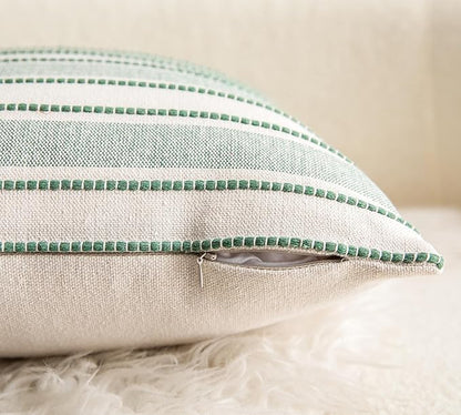 Decorative Boho Lumbar Throw Pillow Covers, Farmhouse Textured Pillow Case, 12 x 20 Inch Set of 2, Chair Sofa Bedroom Living Room Home Decor Couch Cushion Case, Green and Beige