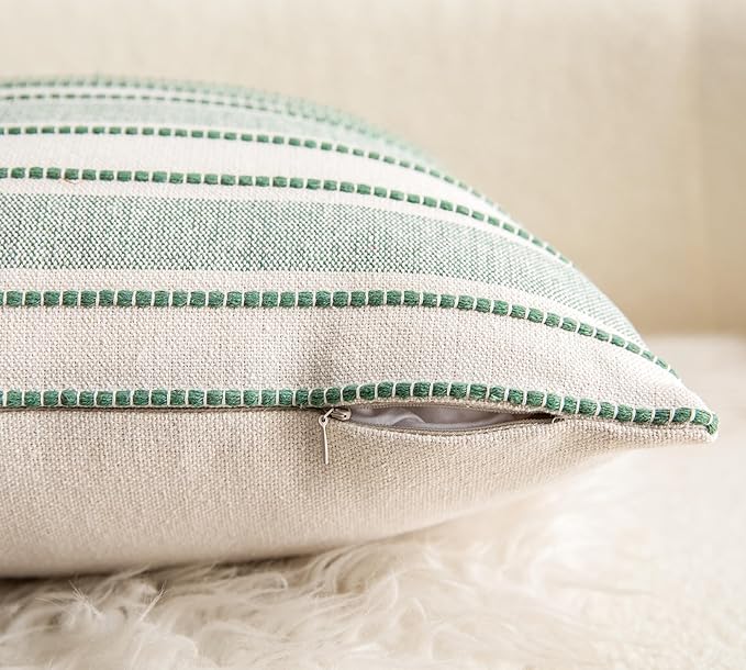 Decorative Boho Throw Pillow Covers, Farmhouse Textured Pillow Case, 18 x 18 Inch Set of 2, Chair Sofa Bedroom Living Room Home Decor Couch Cushion Case, Green and Beige Striped