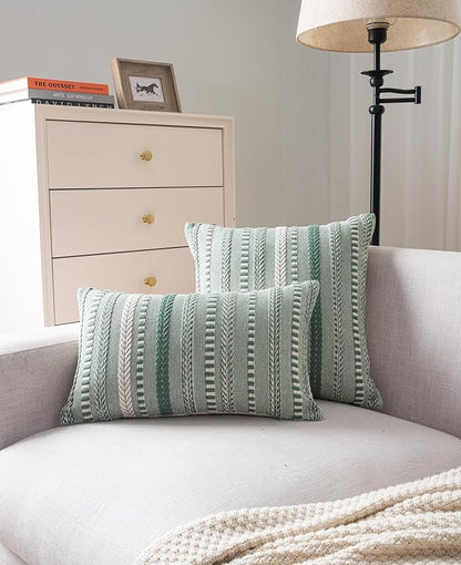 Boho Throw Pillow Covers 12x20 Inch Set of 2, Farmhouse Decorative Couch Pillow Cases, Light Green Accent Pillows of Bed, Sofa Bedroom Living Room Home Decor Cushion Cover