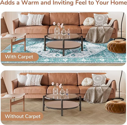 OPPODREAM Thin Area Rugs 5x7, 5x7 Washable Rug with Non Slip Backing, 5 x 7 Faux Cashmere Low-Pile Carpet, Teal & Turquoise & Cream